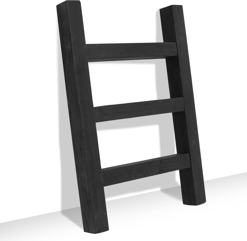 FUIN Wooden Tea Towel Ladder, Mini Ladder Towel Rack Display Hanger, Small Rustic Farmhouse Tea Towel Stand Holder for Country Bathroom Decor, Black - Image 1